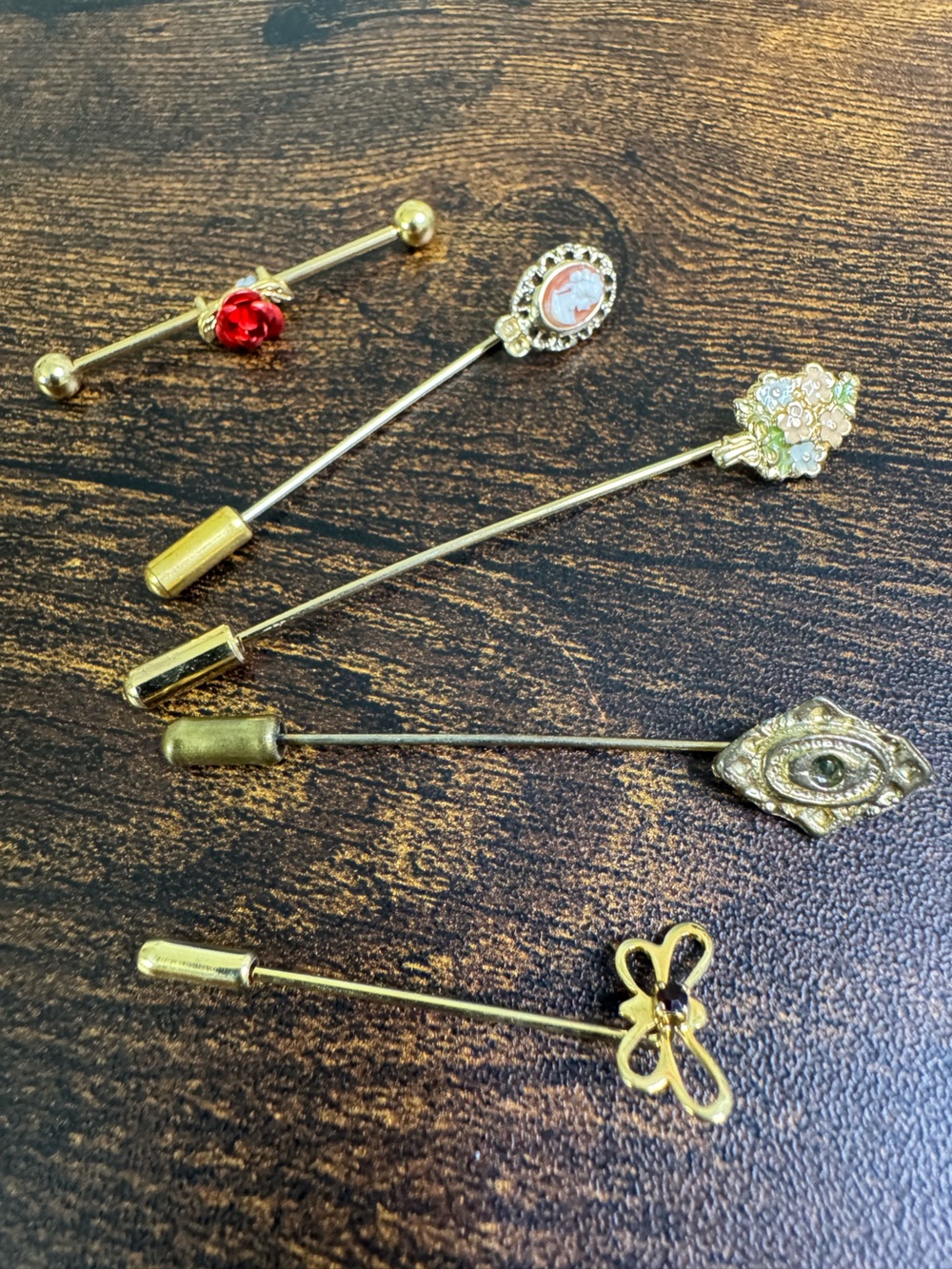 Vintage Style Gold-Tone Stick/Hat Pin Bundle - Cameo, Rose, Butterfly, Floral